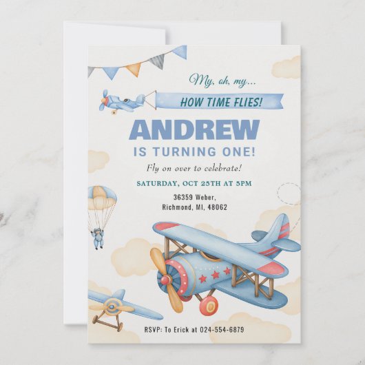 Personal Airplane Boy 1st Birthday for KID 招待状 (正面)