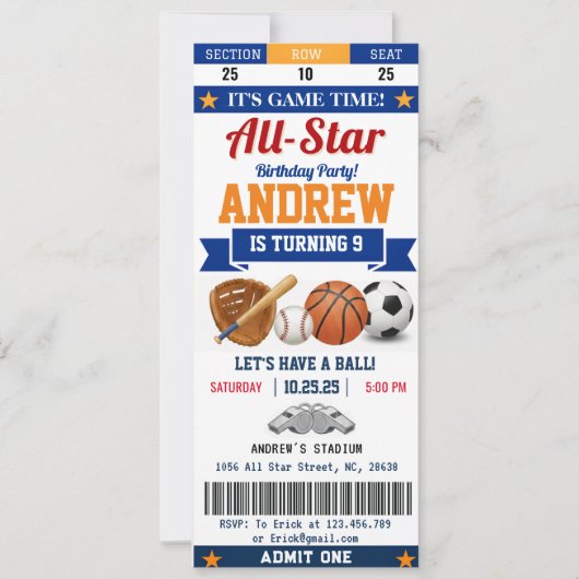 Personal All Star Sport Birthday Ticket for kid 招待状 (正面)