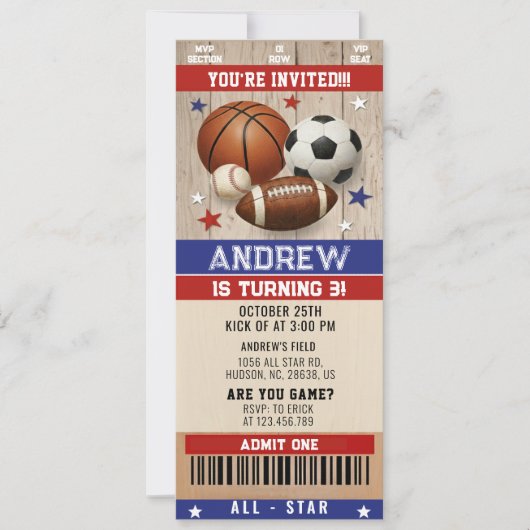 Personal All Stars Sports Ticket Birthday 招待状 (正面)