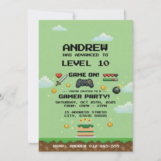 Personal Arcade Video Game Birthday Party  招待状 (正面)