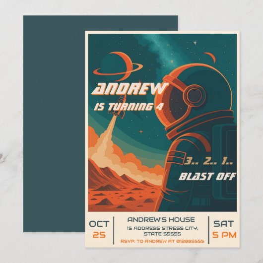 Personal Astronaut Outer Space Birthday Party  招待状 (正面/裏面)
