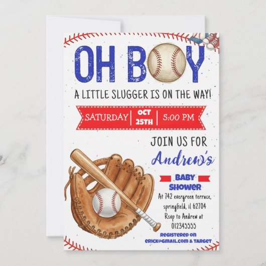 Personal Baseball Baby Shower Little Slugger 招待状 (正面)