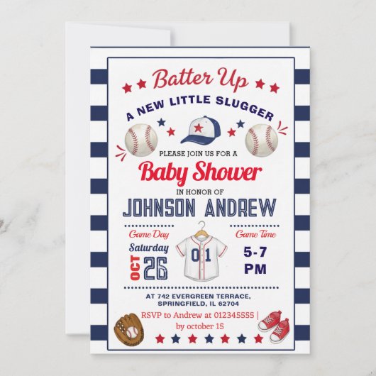 Personal Baseball Baby Shower Slugger All Star 招待状 (正面)