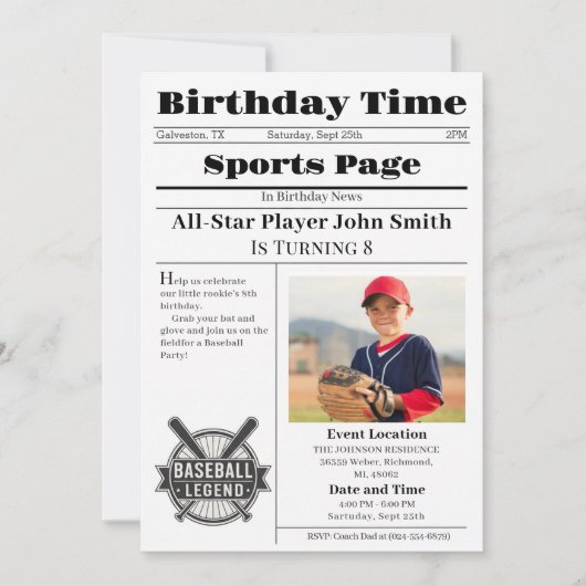 Personal Baseball Birthday Invitation With Photo 招待状 (正面)