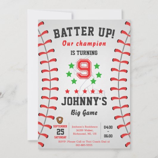 Personal Baseball Birthday Party Invitation 招待状 (正面)