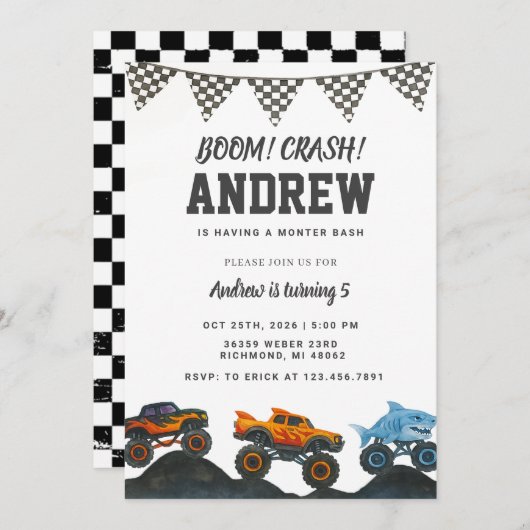 Personal Bash Monster Truck Birthday Party  招待状 (正面/裏面)