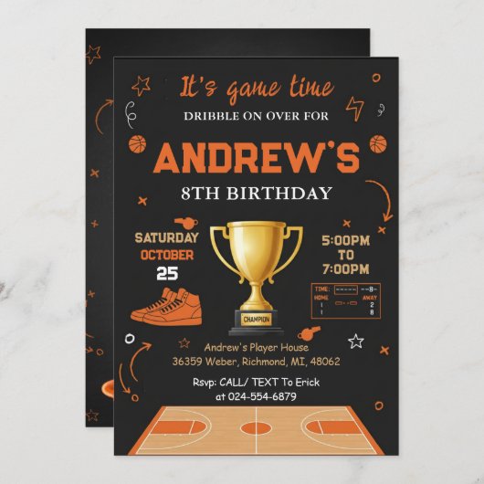 Personal Basketball Birthday Invitation Template 招待状 (正面/裏面)