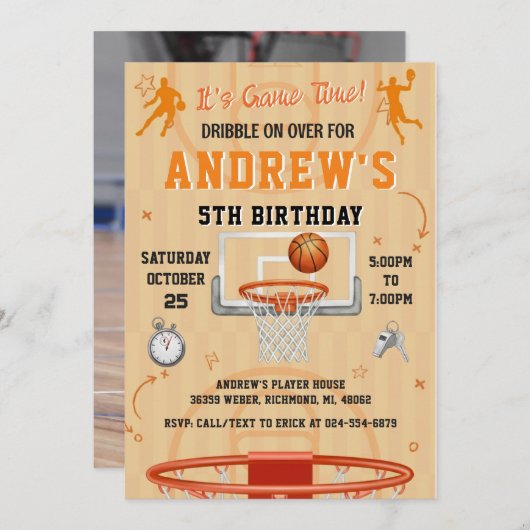 Personal Basketball Birthday with Photo 招待状 (正面/裏面)