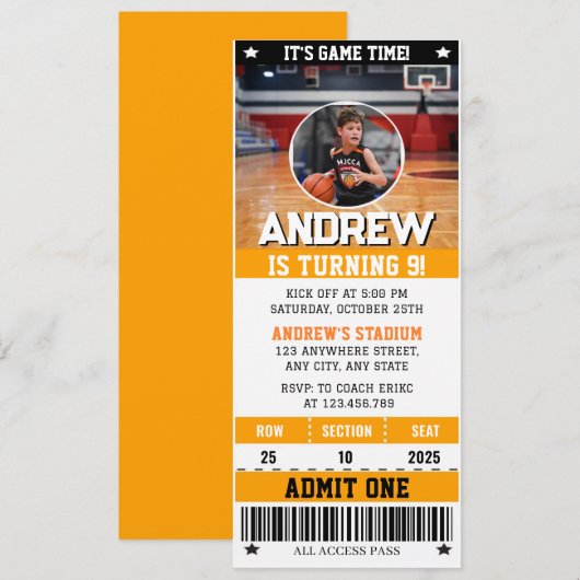 Personal Basketball Ticket with Photo 招待状 (正面/裏面)