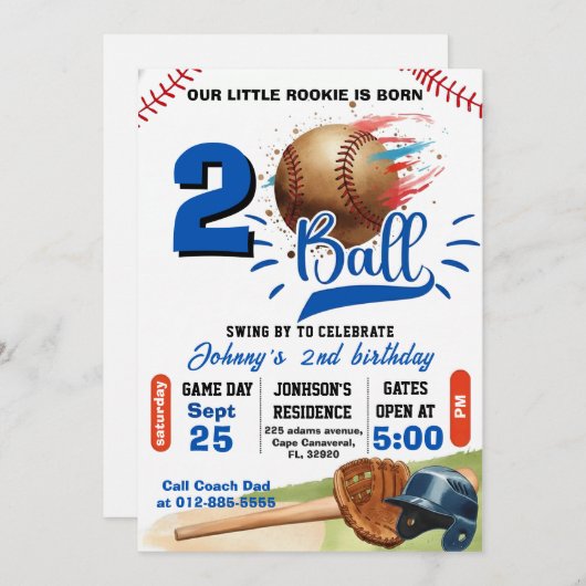 Personal Born Two Ball Birthday 招待状 (正面/裏面)