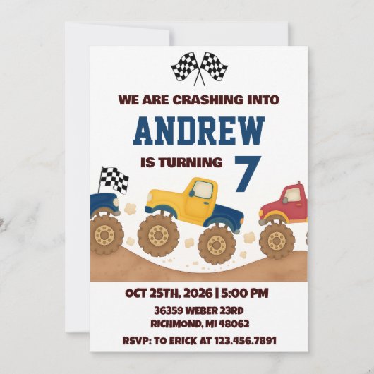 Personal Boy Monster Truck Birthday Party  招待状 (正面)