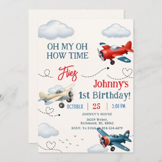 Personal Boy Time Flies 1st Birthday 招待状 (正面/裏面)