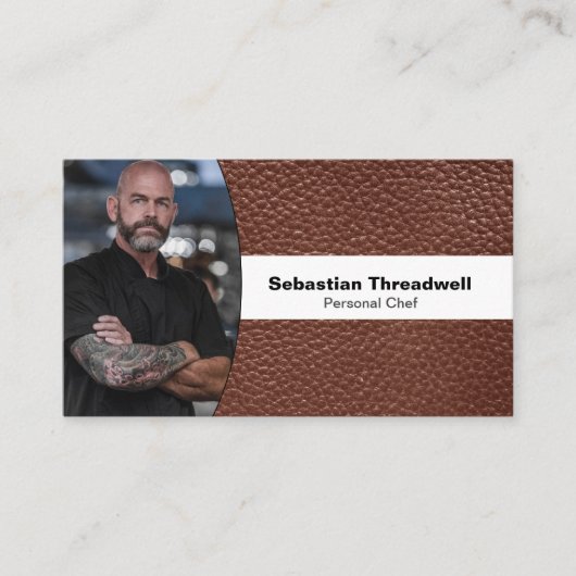 Personal Chef Custom Photo Brown Leather QR Code 名刺 (正面)