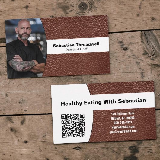Personal Chef Custom Photo Brown Leather QR Code 名刺