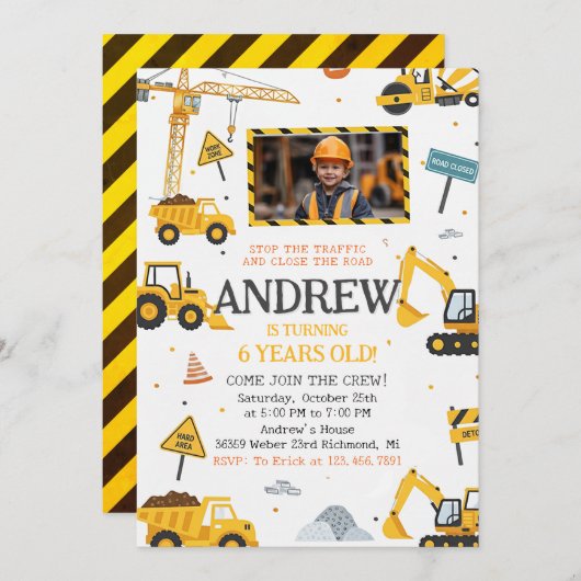 Personal Construction Birthday Party with Image 招待状 (正面/裏面)