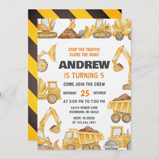 Personal Construction Boys Modern Birthday Party 招待状 (正面/裏面)