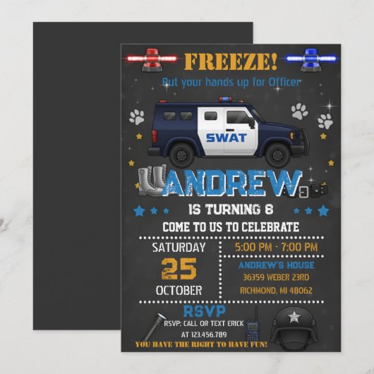 Personal Cop Police Birthday Party for Kid 招待状 (正面/裏面)