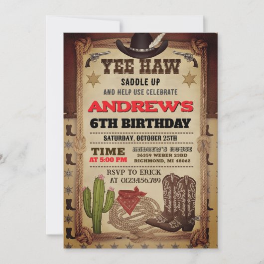 Personal Cowboy Hat and Lasso Wild West Birthday 招待状 (正面)