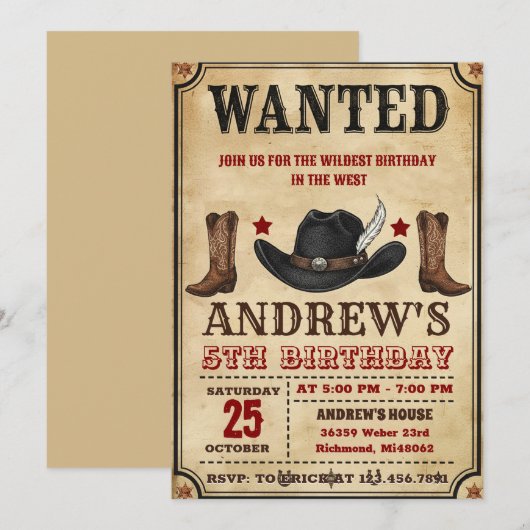 Personal Cowboy Wild West Party Birthday 招待状 (正面/裏面)