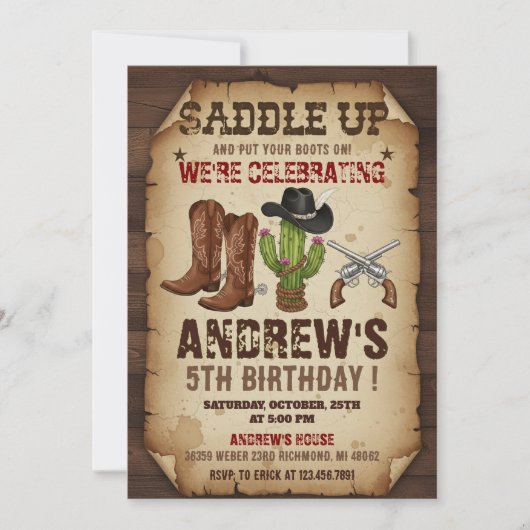 Personal Cowboy Wild Western Birthday Party 招待状 (正面)