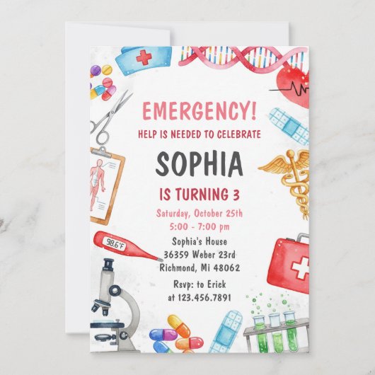 Personal Digital Pink Kids Medical Birthday Party 招待状 (正面)