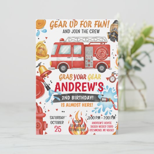 Personal Fire Engine Fire truck Birthday 招待状 (スタンド正面)