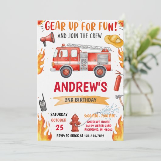 Personal FireFigher truck Birthday with image 招待状 (スタンド正面)