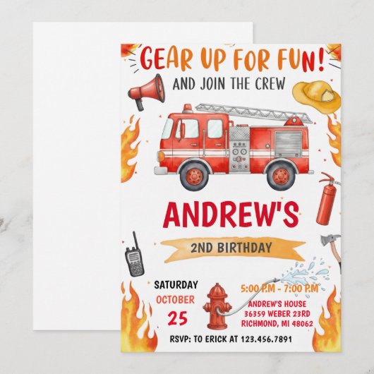 Personal FireFigher truck Birthday with image 招待状 (正面/裏面)