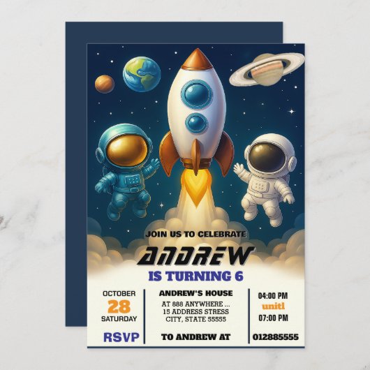 Personal Galaxy Space Astronaut Outet Birthday  招待状 (正面/裏面)