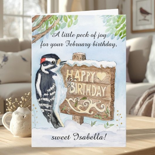 Personal Happy February Birthday Downy Woodpecker カード