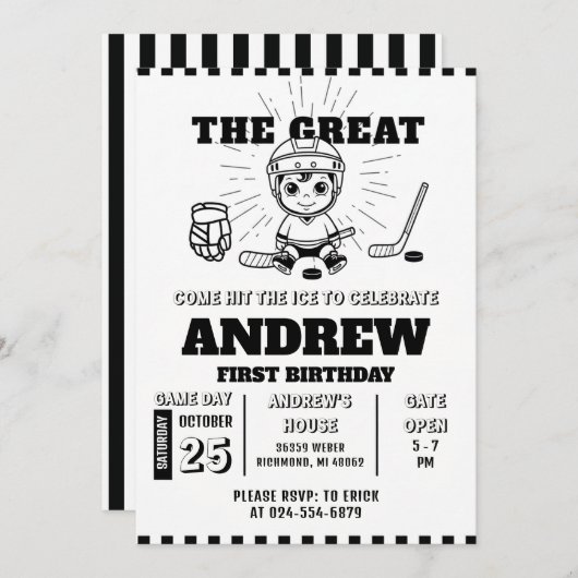 Personal Hockey Theme First Birthday Invitation 招待状 (正面/裏面)