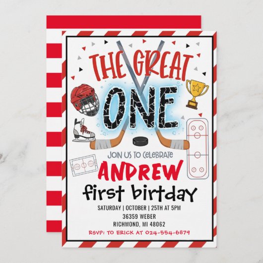 Personal Hockey Theme First Birthday Invitation 招待状 (正面/裏面)