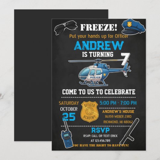 Personal Kids' Cop Policeman Birthday Party 招待状 (正面/裏面)