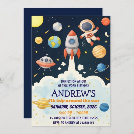 Personal Kids Outer Rocket Ship Astronaut Birthday 招待状 (正面/裏面)