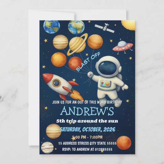 Personal Kids Outer Space Astronaut Birthday 招待状 (正面)