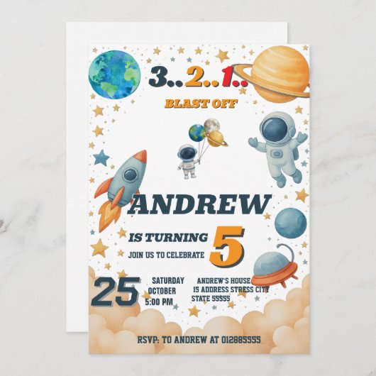 Personal Kids Outer Space Digital Birthday  招待状 (正面/裏面)