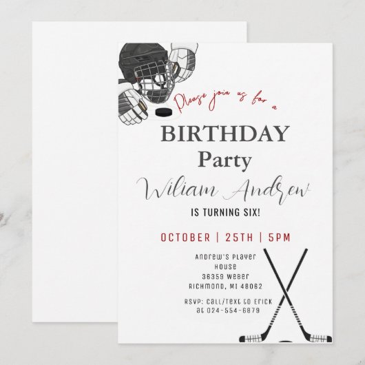Personal Minimalistic Hockey Birthday Party 招待状 (正面/裏面)