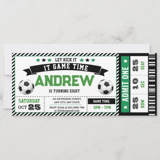 Personal modern boy Soccer Ticket Birthday Party 招待状 (正面)