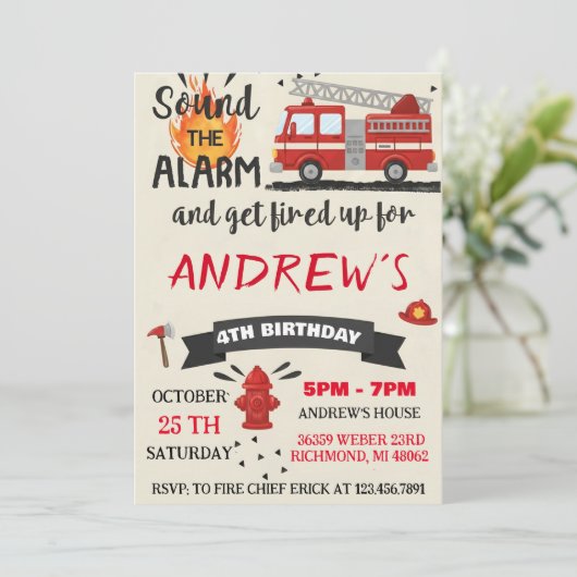 Personal Modern Firefighter Party Birthday For boy 招待状 (スタンド正面)