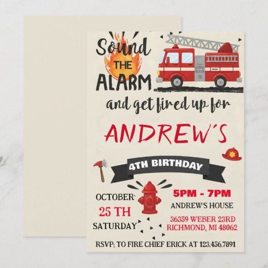 Personal Modern Firefighter Party Birthday For boy 招待状 (正面/裏面)