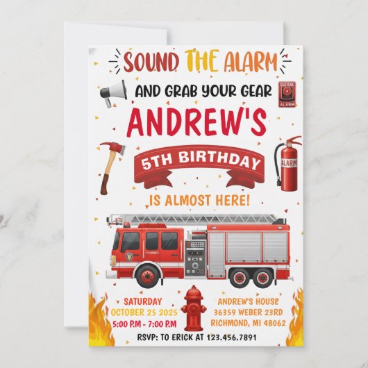 Personal Modern Firetruck Birthday 招待状 (正面)