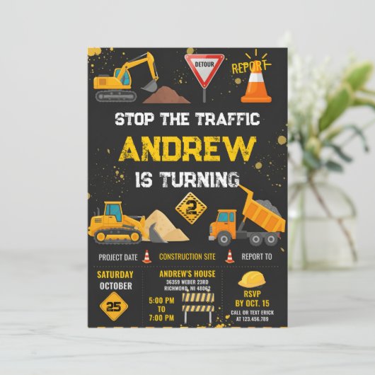 Personal Modern Kids' Construction Birthday Party 招待状 (スタンド正面)