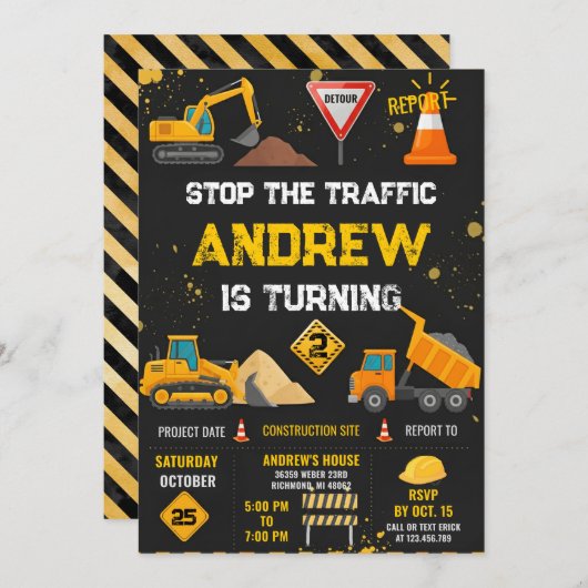 Personal Modern Kids' Construction Birthday Party 招待状 (正面/裏面)