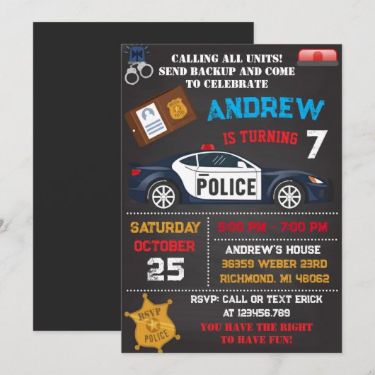 Personal Modern Kids' Police Theme Birthday 招待状 (正面/裏面)