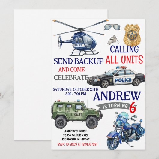 Personal Modern Police Policeman birthday for boy 招待状 (正面/裏面)