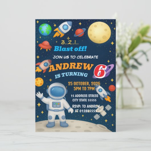 Personal Outer Boy Space Galaxy Blast Off birthday 招待状 (スタンド正面)