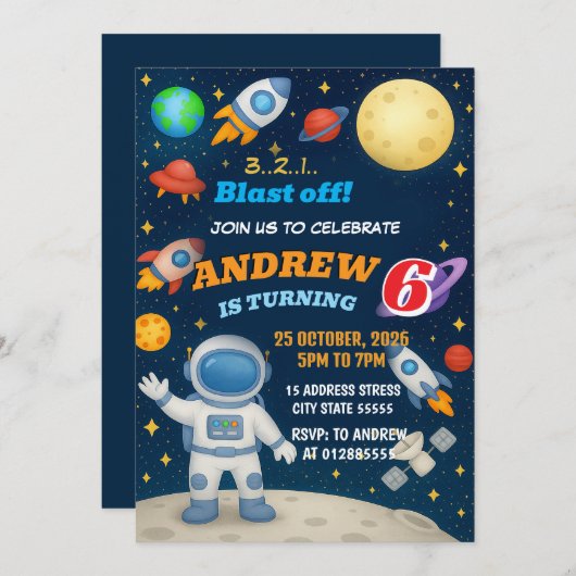 Personal Outer Boy Space Galaxy Blast Off birthday 招待状 (正面/裏面)
