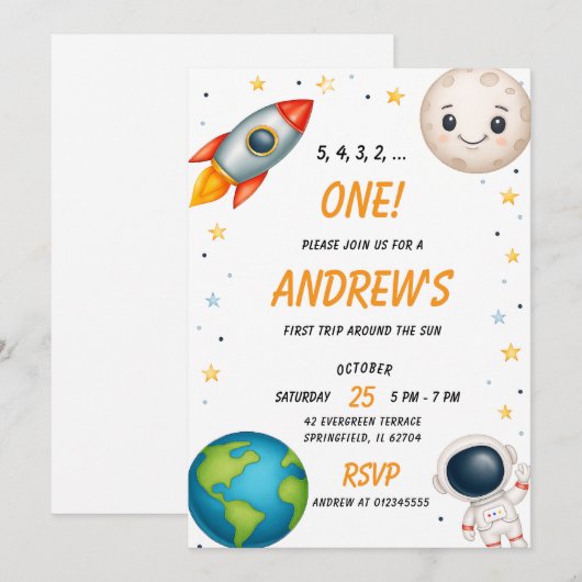Personal Outer Space First Birthday 招待状 (正面/裏面)