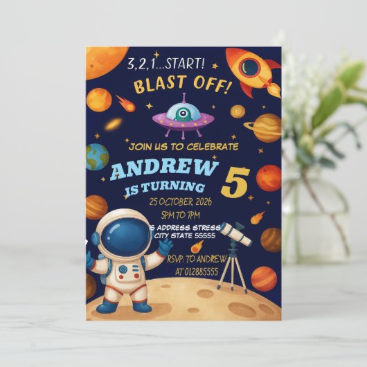 Personal Outer Space Galaxy Blast Off birthday 招待状 (スタンド正面)