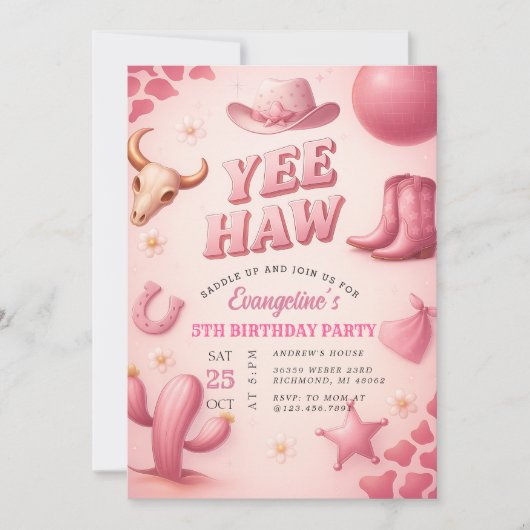 Personal Pink Yee Haw Cowgirl Birthday Party  招待状 (正面)